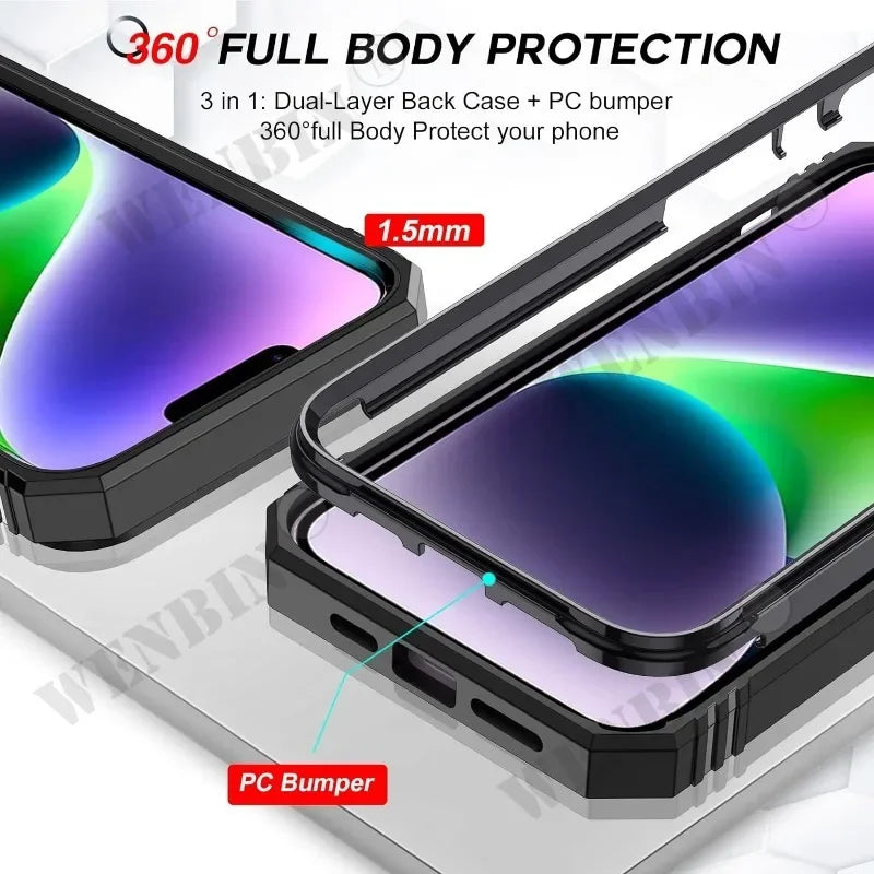 Coque iPhone Heavy Duty 360° avec Béquille – Compatible iPhone 17 à 7 & SE