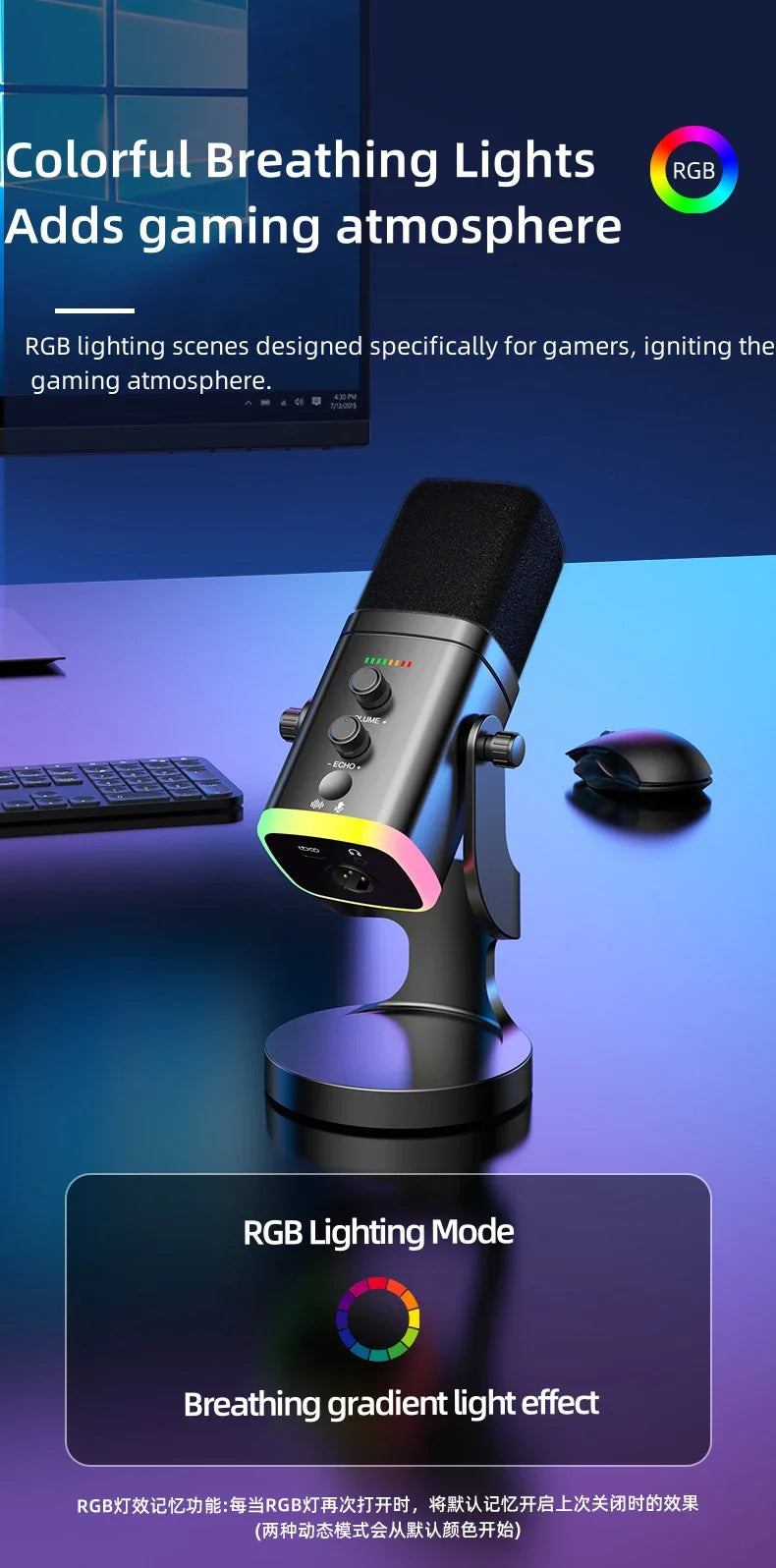 Microphone USB Gaming RGB – Dynamique Réduction de Bruit Streaming & Podcast