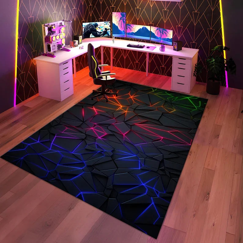 Tapis Gaming Géométrique Néon – Déco Salle de Jeux Colorful Area Rug