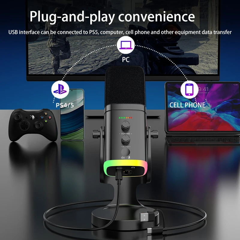 Microphone USB Gaming RGB – Dynamique Réduction de Bruit Streaming & Podcast