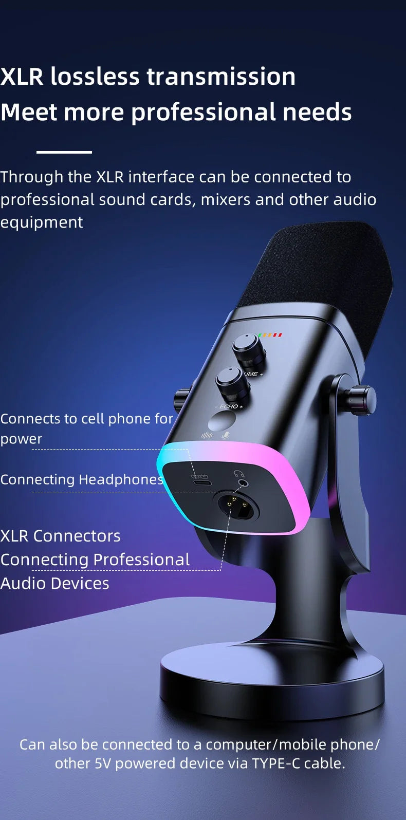 Microphone USB Gaming RGB – Dynamique Réduction de Bruit Streaming & Podcast