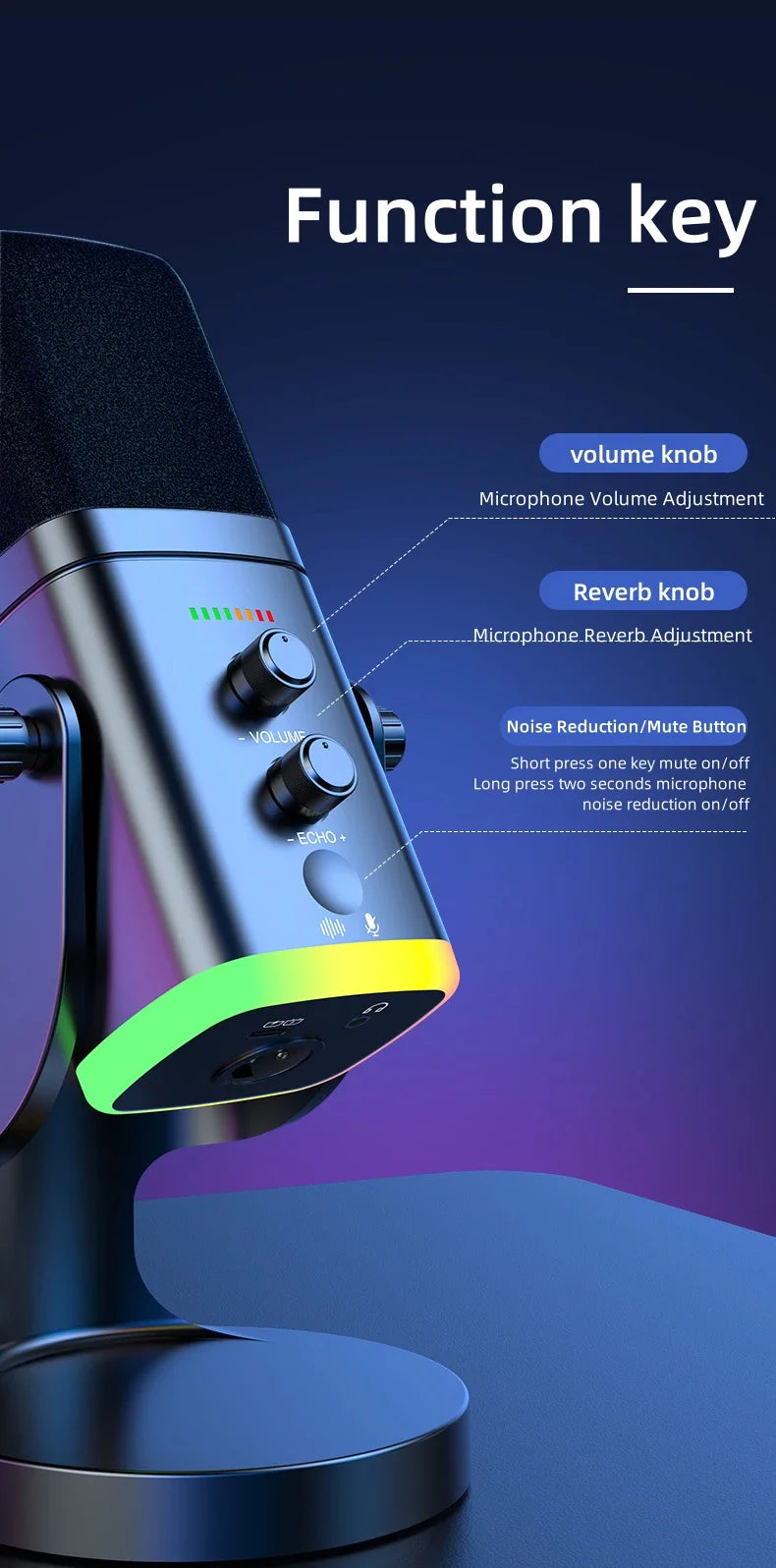 Microphone USB Gaming RGB – Dynamique Réduction de Bruit Streaming & Podcast