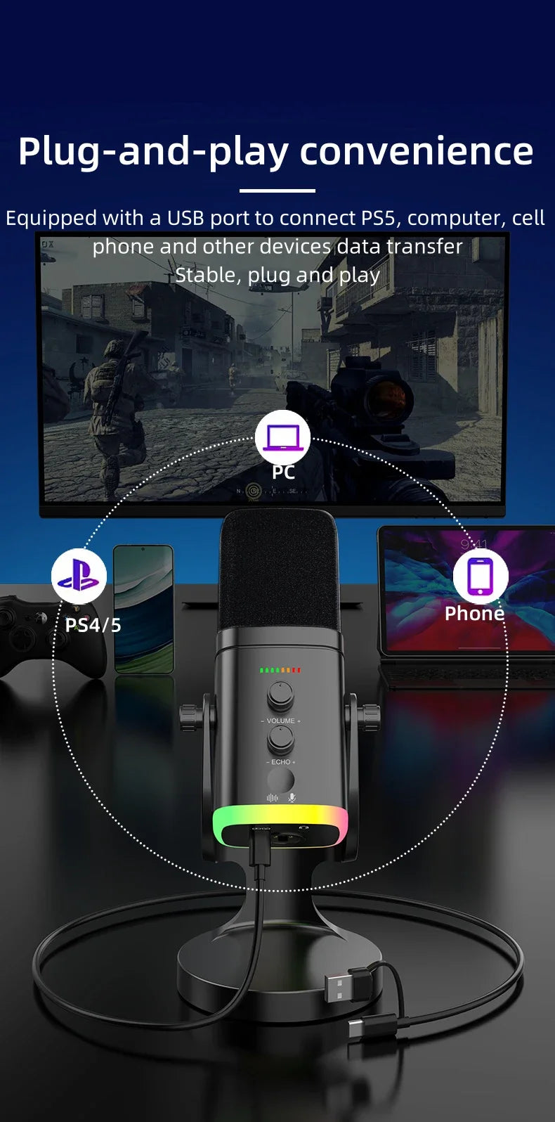 Microphone USB Gaming RGB – Dynamique Réduction de Bruit Streaming & Podcast