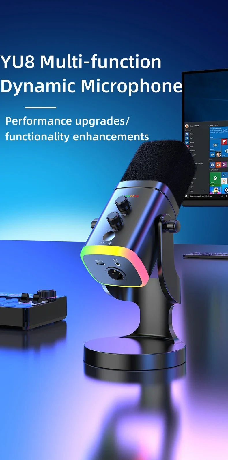 Microphone USB Gaming RGB – Dynamique Réduction de Bruit Streaming & Podcast
