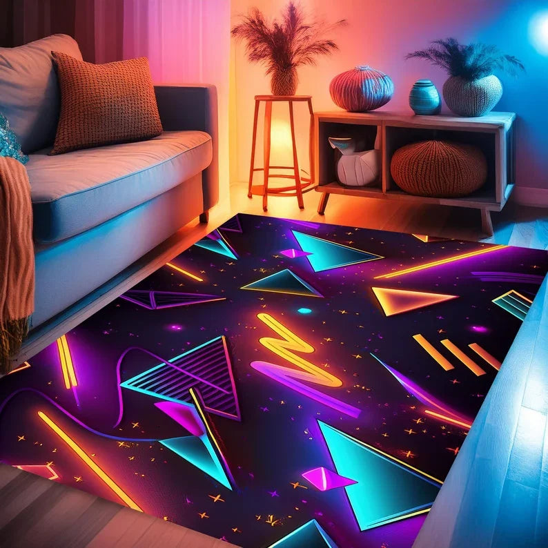 Tapis Gaming Géométrique Néon – Déco Salle de Jeux Colorful Area Rug