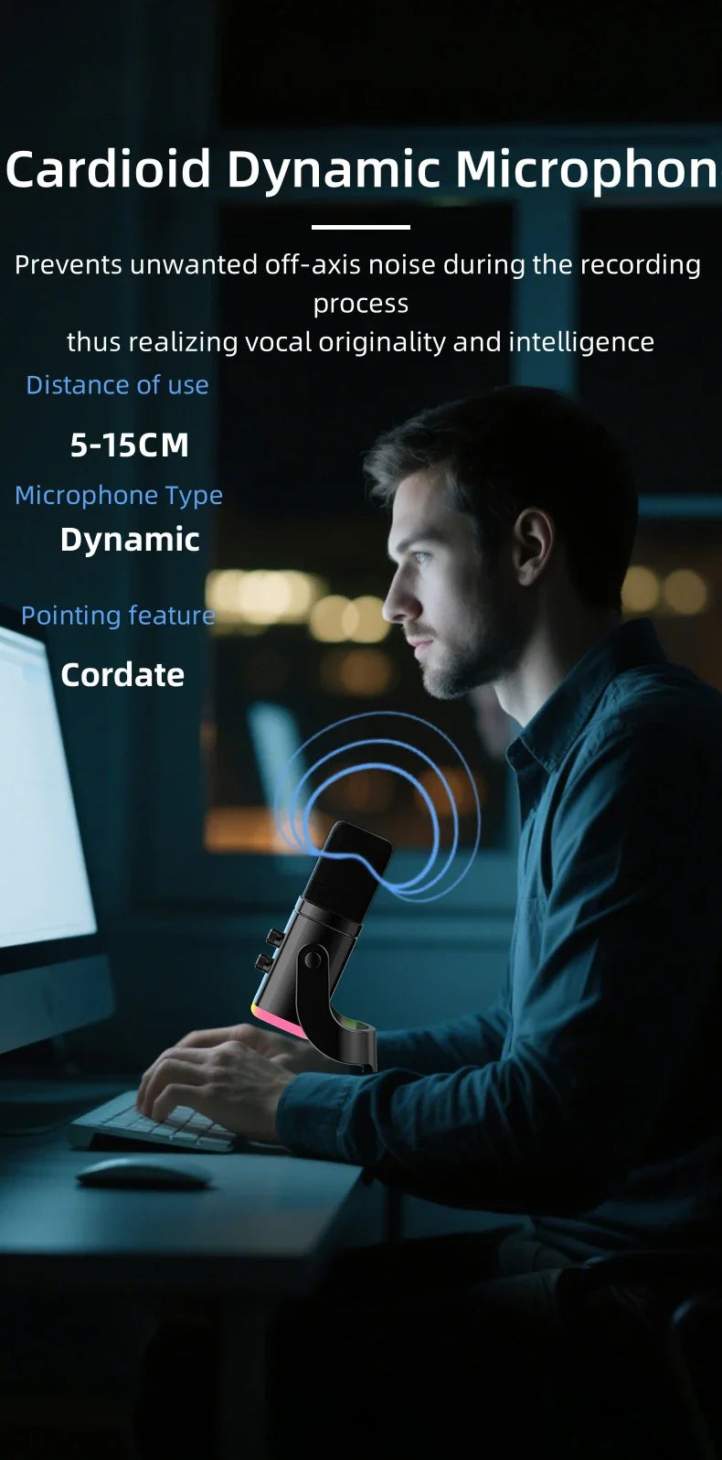 Microphone USB Gaming RGB – Dynamique Réduction de Bruit Streaming & Podcast