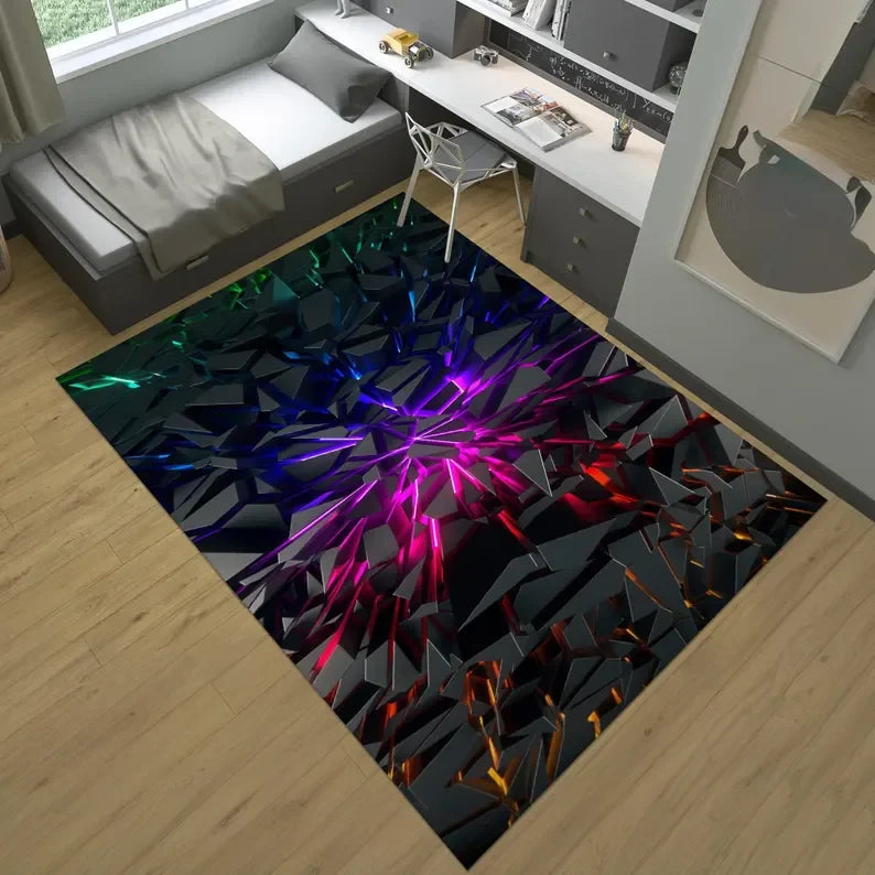 Tapis Gaming Géométrique Néon – Déco Salle de Jeux Colorful Area Rug