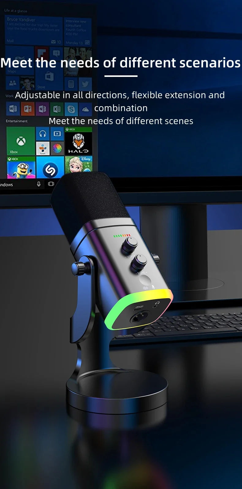 Microphone USB Gaming RGB – Dynamique Réduction de Bruit Streaming & Podcast