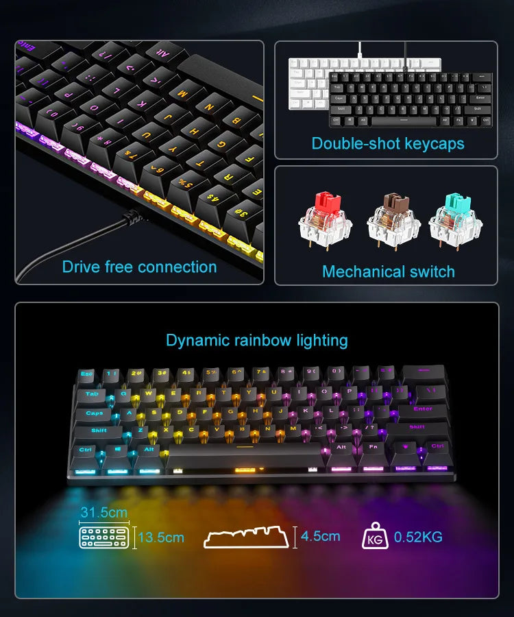 Clavier Mécanique Gaming 60% RGB – Compact Blanc | PC, Laptop & Bureau