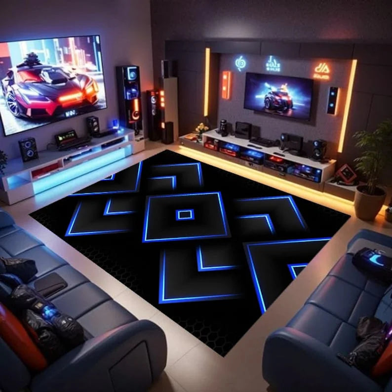 Tapis Gaming Géométrique Néon – Déco Salle de Jeux Colorful Area Rug