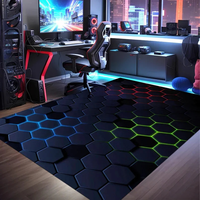 Tapis Gaming Géométrique Néon – Déco Salle de Jeux Colorful Area Rug