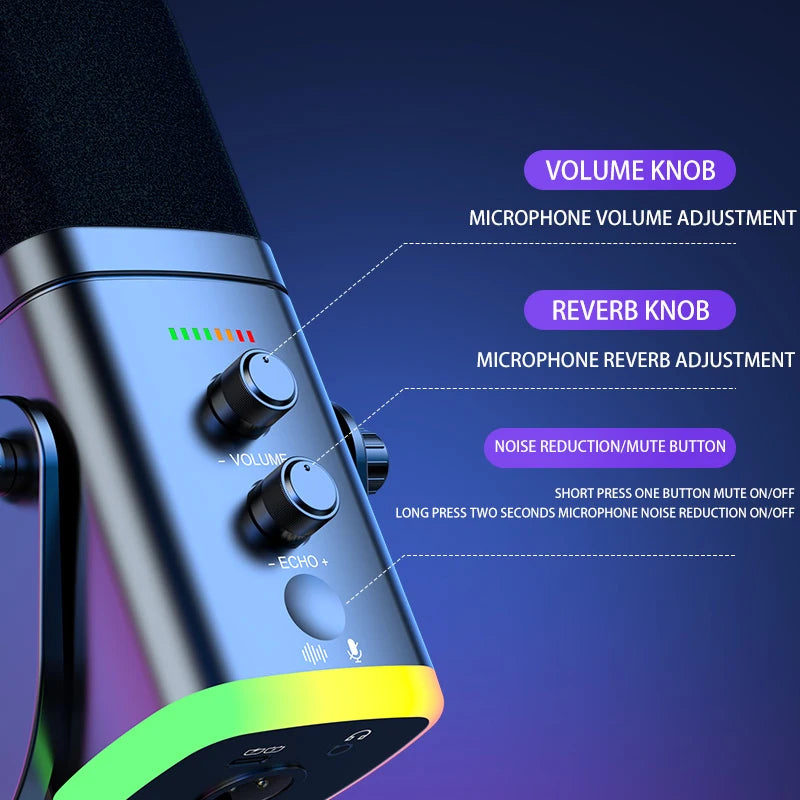 Microphone USB Gaming RGB – Dynamique Réduction de Bruit Streaming & Podcast
